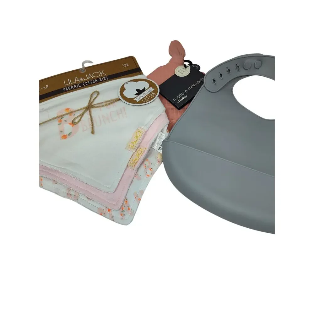 Baby Bundle - Gray Bib, Organic Cotton Bibs, Hat 0-6M